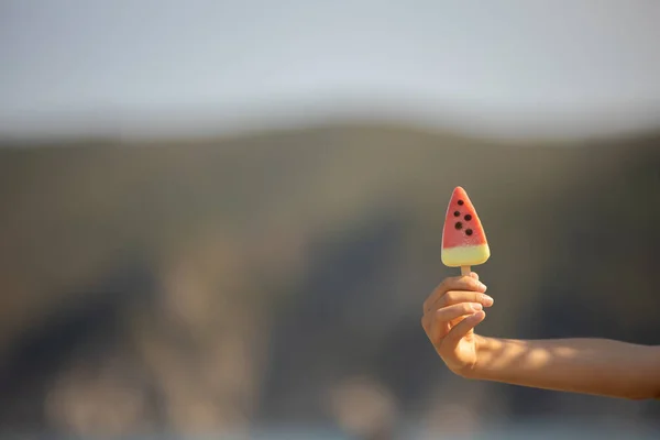 Happy Child Boy Eating Ice Cream Beach Enjoying Summer Playing — Fotografia de Stock