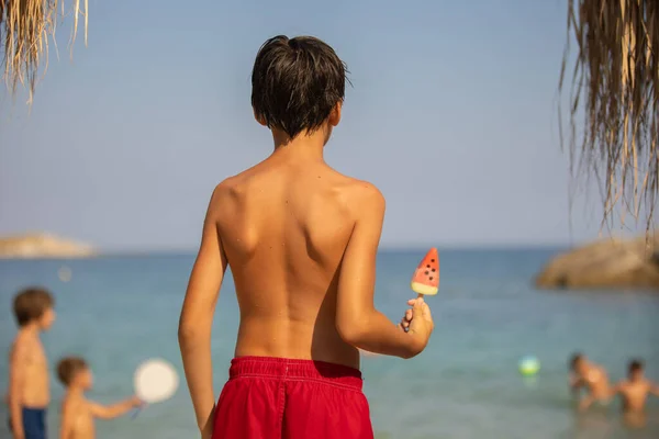 Happy Child Boy Eating Ice Cream Beach Enjoying Summer Playing — Foto Stock