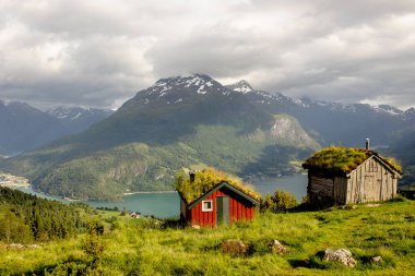 Amazing landscape of houses and fjord Nordfjord from the hiking trail to mount Hoven, splendid view over Nordfjord from the Loen skylift