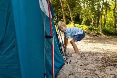 Happy family, three kids, boy brothers and a dog,playing around pitched tent on the beach, while wild camping in Norway, summertime
