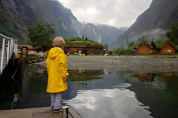 Child Enjoying Amazing Views Norway Fjords Mountains Other Beautiful Nature — Zdjęcie stockowe