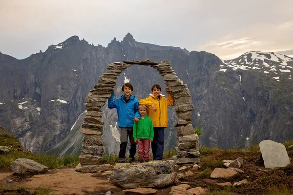 Family Children Dog Hiking Litlefjellet Sunset Enjoying Amazing View Top — Zdjęcie stockowe