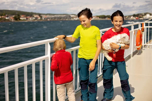 Children Experience Ride Ferry Fjord Strong Wind Deck Ferry Sunny — 图库照片