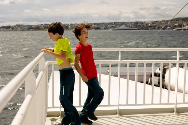 Children Experience Ride Ferry Fjord Strong Wind Deck Ferry Sunny — 스톡 사진