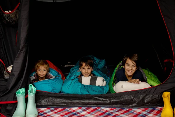 Children Sibilngs Sleeping Sleeping Bags Tent Norway Wild Camping — Zdjęcie stockowe