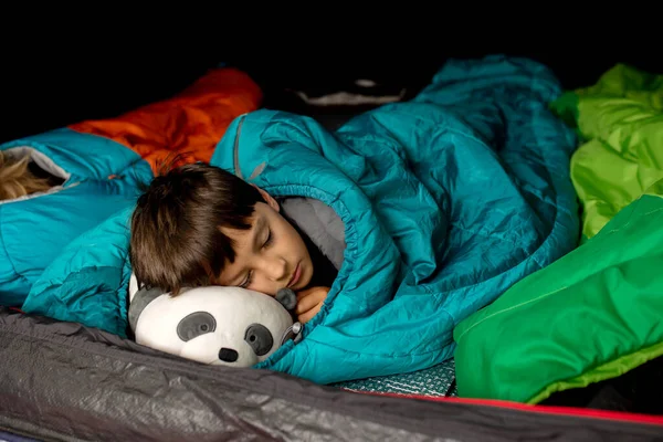 Children, sibilngs, sleeping in sleeping bags in a tent in Norway, wild camping