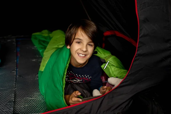 Children Sibilngs Sleeping Sleeping Bags Tent Norway Wild Camping —  Fotos de Stock