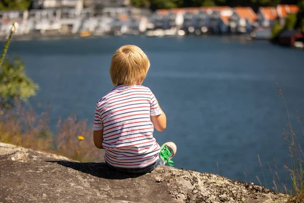 Children Family Visiting Small Village Flekkefjord Summer Vacation Norway — Foto Stock