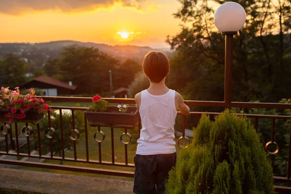 Preteen Boy Standing Backwards Camera Enjoying Amazing Sunset Splendid View — Fotografia de Stock