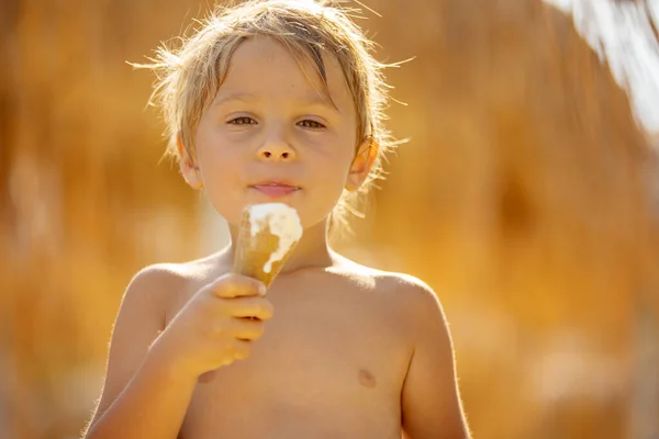 Happy Child Boy Eating Ice Cream Beach Enjoying Summer Playing — Stock Fotó