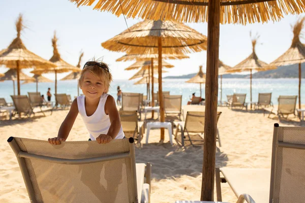 Child Cute Boy Playing Beach Sand Enjoying Summer Number Sign — 图库照片