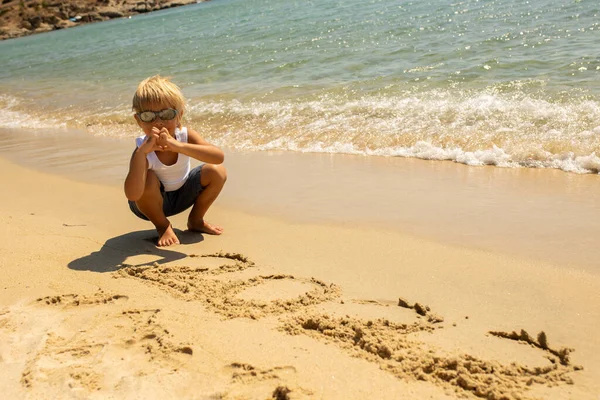 Child Cute Boy Playing Beach Sand Enjoying Summer Number Sign —  Fotos de Stock