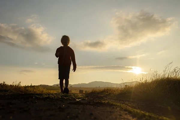 Sweet Toddler Child Boy Sitting Haystack Field Sunrise Enjoying View — Stock fotografie