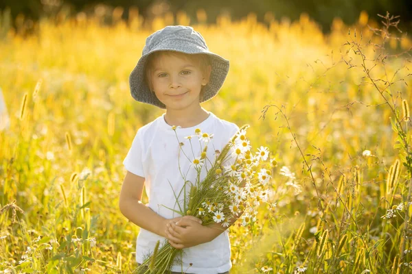 Cute Little Toddler Child Blond Boy Eating Watermelon Beautiful Daisy — Fotografia de Stock