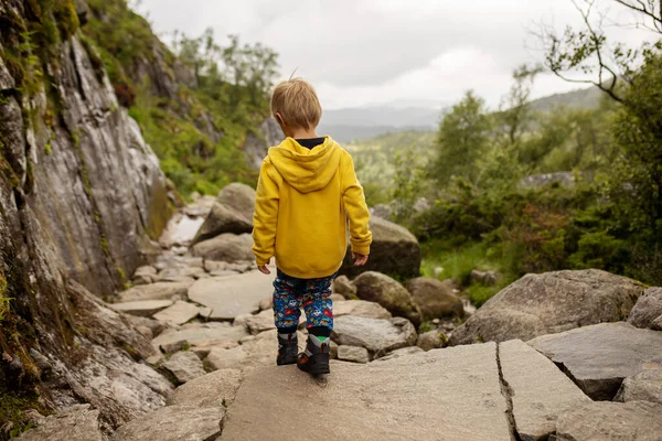 Family Enjoying Hike Preikestolen Pulpit Rock Lysebotn Norway Rainy Day — Fotografia de Stock