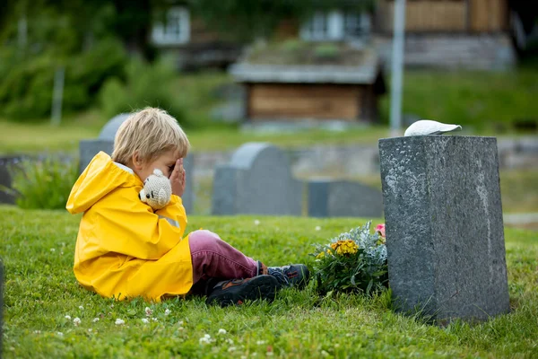 Sad Little Child Blond Boy Standing Rain Cemetery Sad Person —  Fotos de Stock