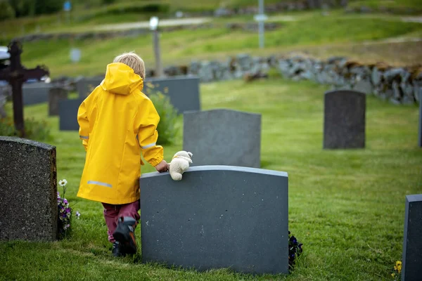 Sad Little Child Blond Boy Standing Rain Cemetery Sad Person —  Fotos de Stock