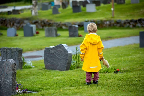 Sad Little Child Blond Boy Standing Rain Cemetery Sad Person —  Fotos de Stock