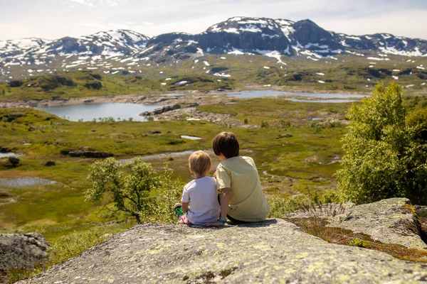 People Children Enjoying Amazing Views Norway Fjords Mountains Other Beautiful — Zdjęcie stockowe