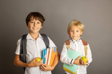Cute preschool blond child, boy, holding books and notebook, apple, wearing glasses, ready to go to school