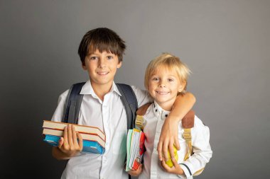 Cute preschool blond child, boy, holding books and notebook, apple, wearing glasses, ready to go to school