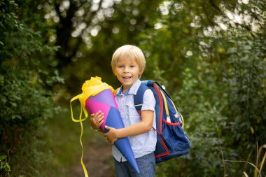Cute blond child, boy with candy cone on first school day in Czech Republic, old German tradition that what transfer to Czzech as well