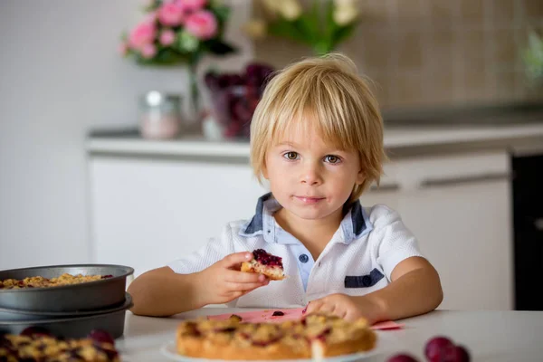 Niedliches Kleines Kleinkind Hause Hausgemachte Pflaumenkuchen Essen Leckeres Gebäck — Stockfoto
