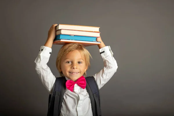 Cute Preschool Blond Child Boy Holding Books Notebook Apple Wearing — Fotografia de Stock