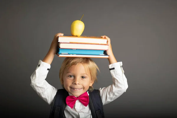 Cute Preschool Blond Child Boy Holding Books Notebook Apple Wearing — Stock Photo, Image