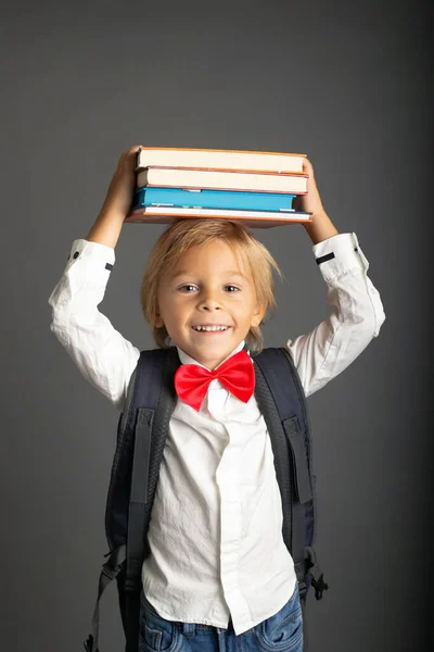 Cute Preschool Blond Child Boy Holding Books Notebook Apple Wearing — Fotografia de Stock