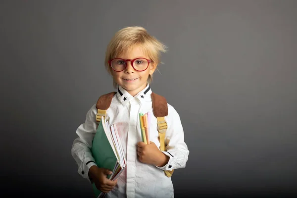 Cute Preschool Blond Child Boy Holding Books Notebook Apple Wearing — Foto de Stock