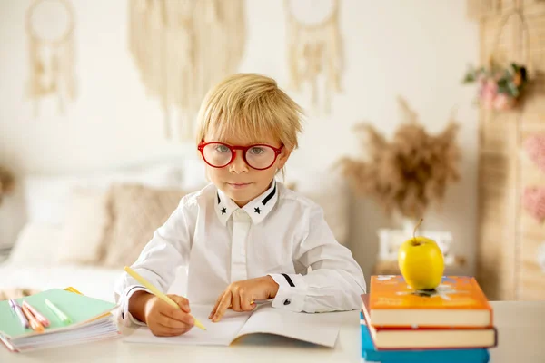 Cute Preschool Blond Child Boy Holding Books Notebook Apple Wearing — Fotografia de Stock