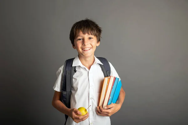 Cute Preschool Blond Child Boy Holding Books Notebook Apple Wearing — Zdjęcie stockowe