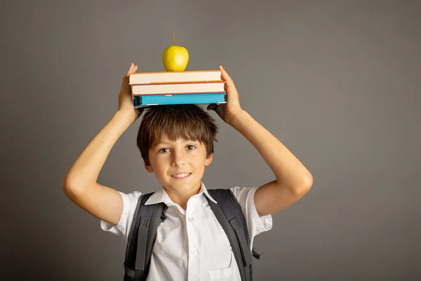 Cute Preschool Blond Child Boy Holding Books Notebook Apple Wearing — Stockfoto