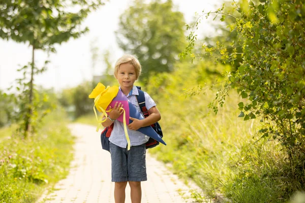 Cute Blond Child Boy Candy Cone First School Day Czech — Stok fotoğraf