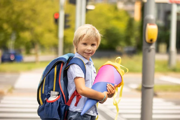 Cute Blond Child Boy Candy Cone First School Day Czech — 图库照片