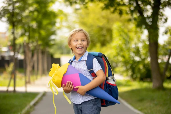 Cute Blond Child Boy Candy Cone First School Day Czech — 图库照片