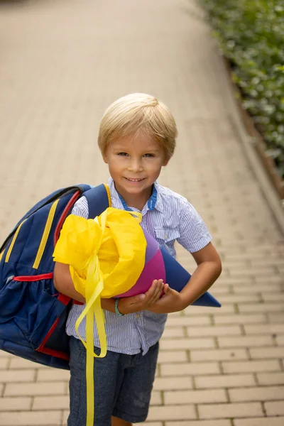 Cute Blond Child Boy Candy Cone First School Day Czech — Stok fotoğraf