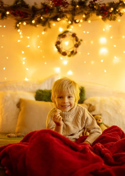 Cute Blond Toddler Preschool Boy Eating Cookies Opening Present Christmas — Stock Photo, Image