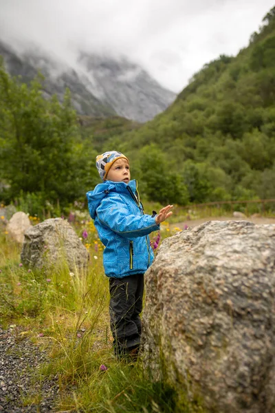 Child Cute Blond Boy Toddler Enjoying Amazing View Glacier Jostedalsbreen — Fotografia de Stock