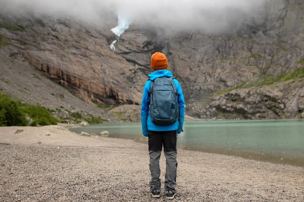 Child Cute Blond Boy Toddler Enjoying Amazing View Glacier Jostedalsbreen — Fotografia de Stock