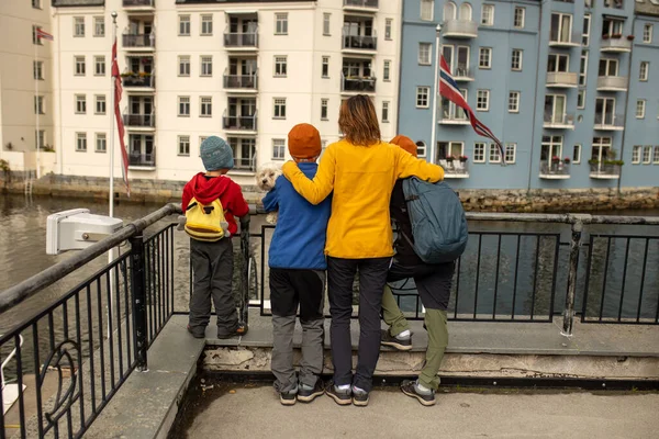 Family Kids Adults Dog Enjoying Family Vacation Alesund Beautiful City — Stock Fotó