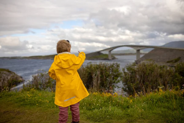 Family Kids Adults Pet Dog Enjoying View Atlantic Ocean Road — Foto Stock