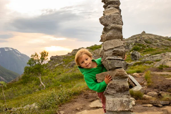 Family Children Dog Hiking Litlefjellet Sunset Enjoying Amazing View Top — Stockfoto