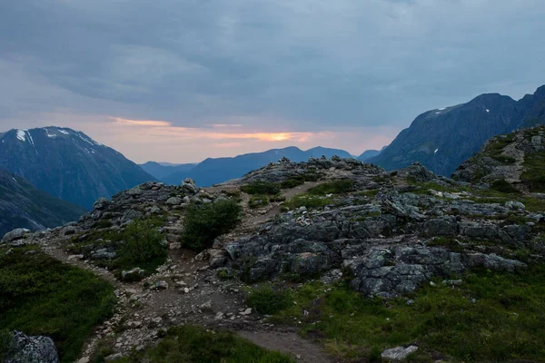 Family Children Dog Hiking Litlefjellet Sunset Enjoying Amazing View Top — Foto Stock