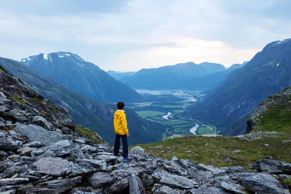 Family Children Dog Hiking Litlefjellet Sunset Enjoying Amazing View Top — Fotografia de Stock