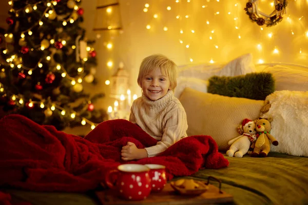 Sevimli Sarışın Çocuk Kreş Çocuğu Kurabiye Yiyor Noel Işıklar Dekorasyonla — Stok fotoğraf