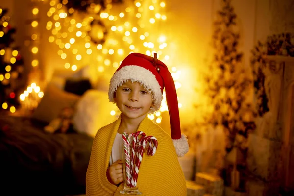 Cute Blond Toddler Preschool Boy Eating Cookies Opening Present Christmas — Stock Photo, Image