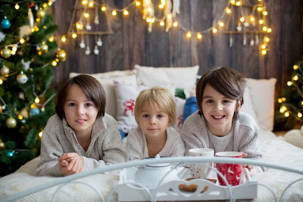 Gelukkig Gezin Met Kinderen Huisdier Hond Genieten Van Kerstmis Samen — Stockfoto