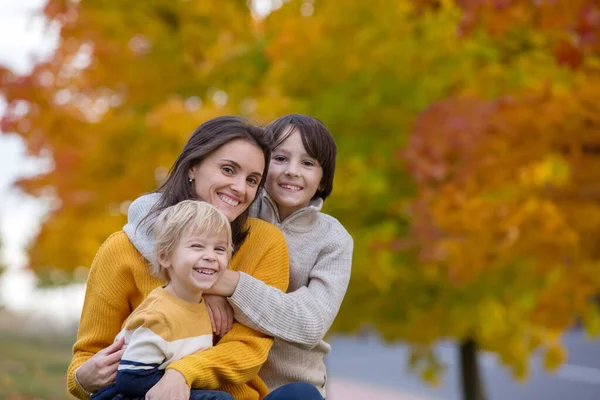 Mutlu Bir Aile Çocuklu Bir Anne Sonbahar Resimleri Parkta Çekiliyor — Stok fotoğraf